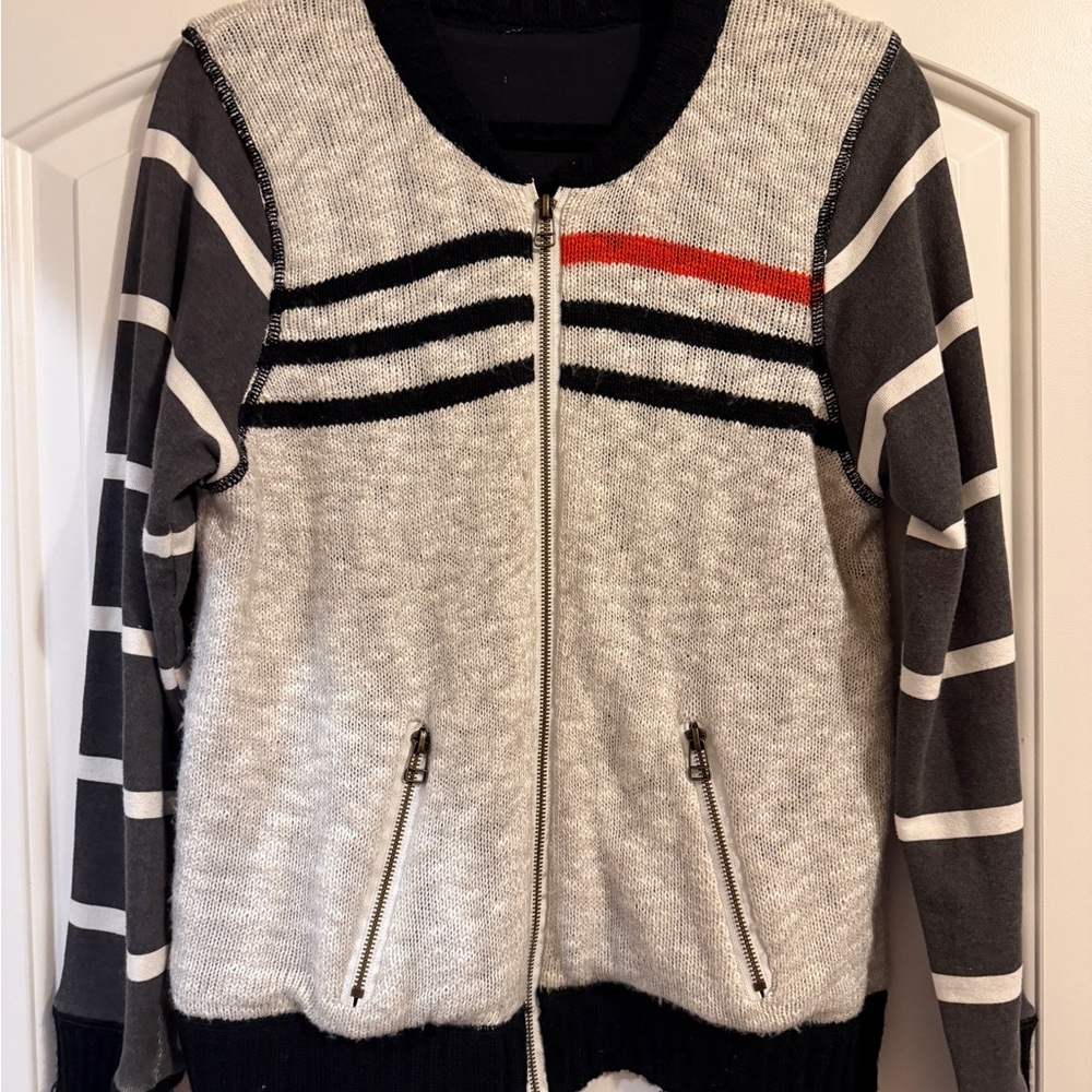 Women’s Grey Zip-Front Sweater with Black & Red Stripe
